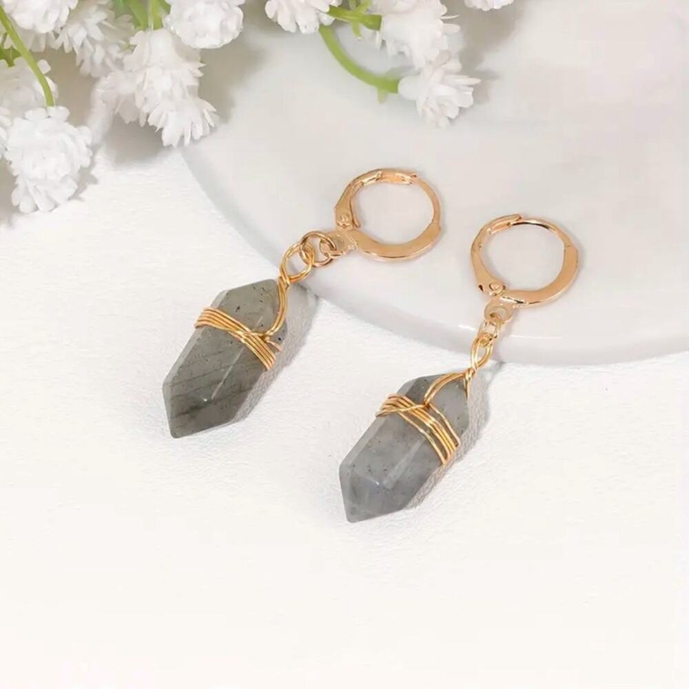 Labradorite Gold Handmade Boho Gemstone Crystal Hoop Earrings Hoops Jewelry - Picture 11 of 11